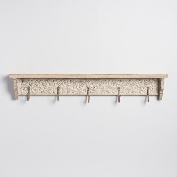 Wooden Carved 5 Hook Wall Shelf