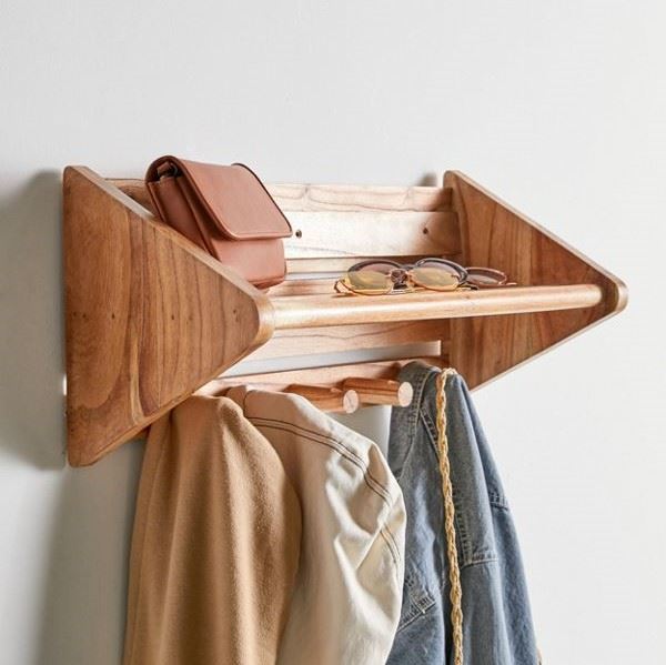 Wooden Multi-Hook Wall Shelf