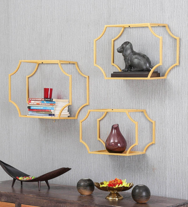 Metal Wall Shelf Set Of 3 in Gold Finish