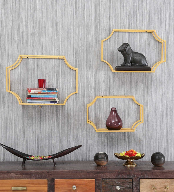 Metal Wall Shelf Set Of 3 in Gold Finish