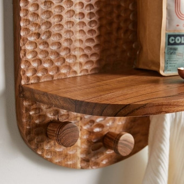 Solid Wood Sheesham 2-Tier Wall Shelf With Multi-Hook