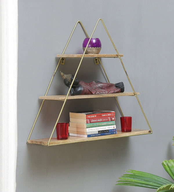 T Iron And Wood Triangle Wall Shelf