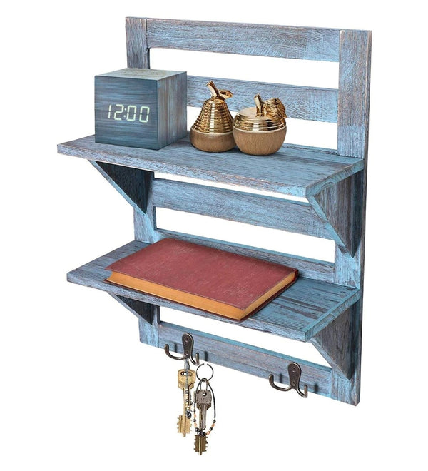 Mango Wood Floating Wall Shelf in Blue Colour