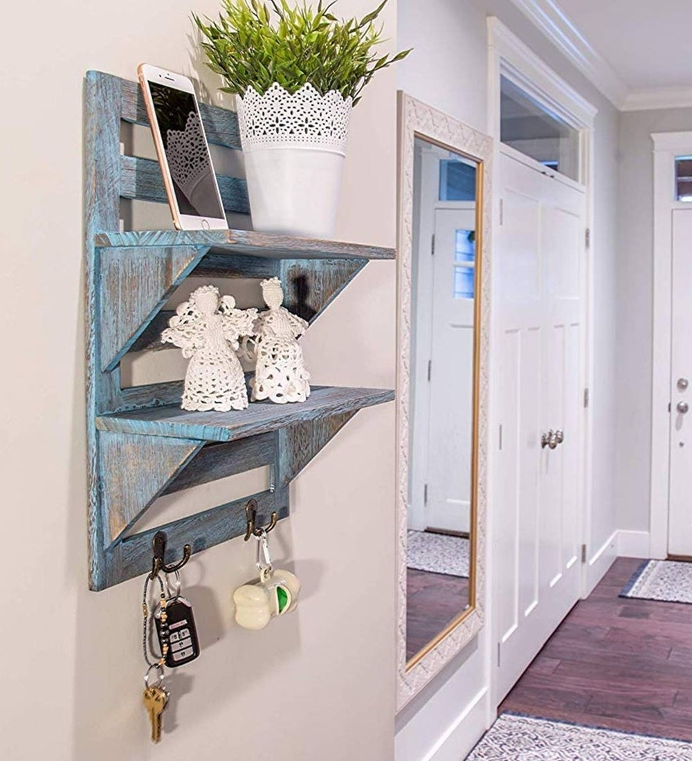 Mango Wood Floating Wall Shelf in Blue Colour