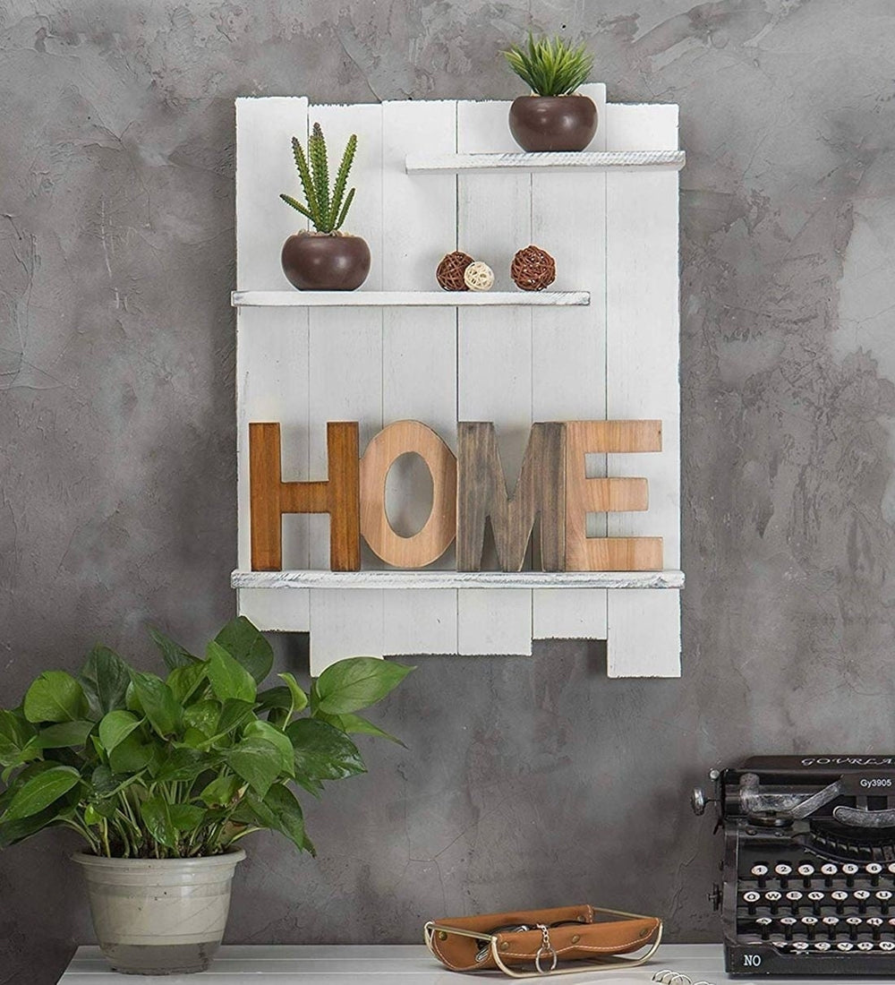 Mango Wood Floating Wall Shelf in White Colour