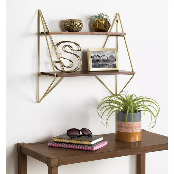 Elita Two-Tier Wood and Metal Wall Shelf Brown/Gold