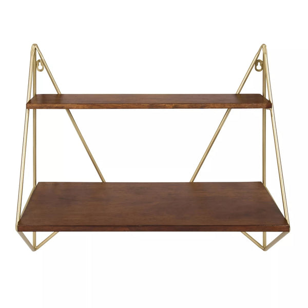 Elita Two-Tier Wood and Metal Wall Shelf Brown/Gold