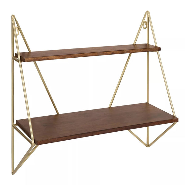 Elita Two-Tier Wood and Metal Wall Shelf Brown/Gold