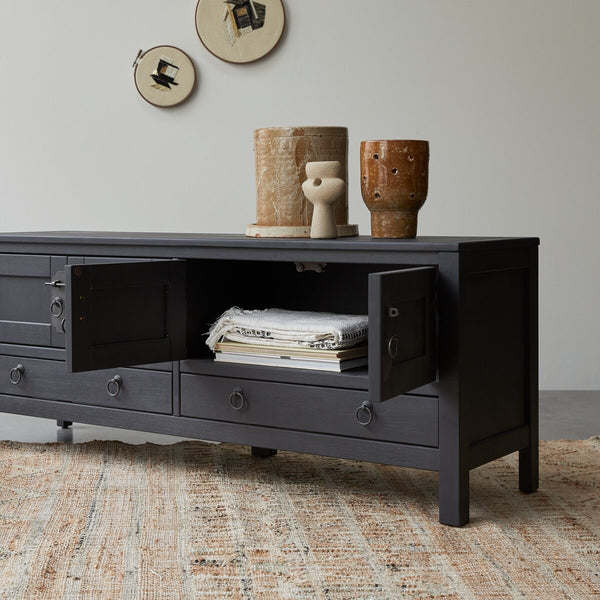 Oroville Solid Mango Wood TV Unit 2 Drawer 4 Door In Black Finish