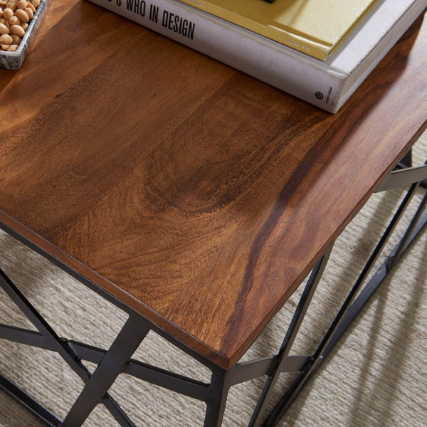 Solid Wood Coffee Table With Puzzle Iron Base