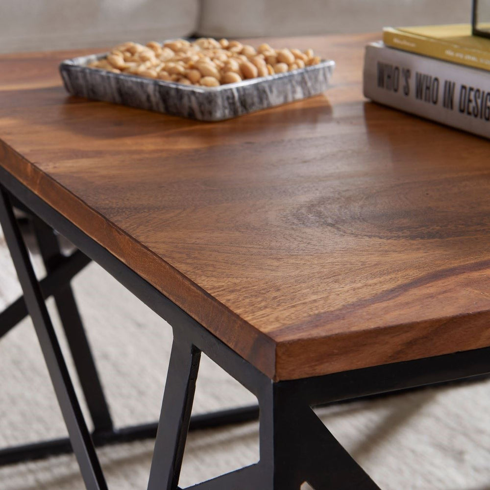 Solid Wood Coffee Table With Puzzle Iron Base