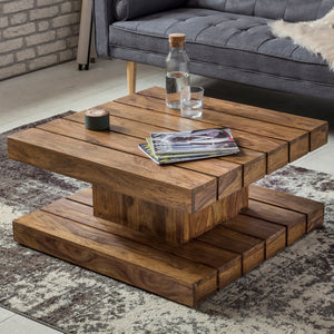 Solid Wood Sheesham Coffee Table With Grooves On Top And Bottom