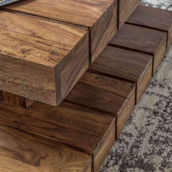 Solid Wood Sheesham Coffee Table With Grooves On Top And Bottom