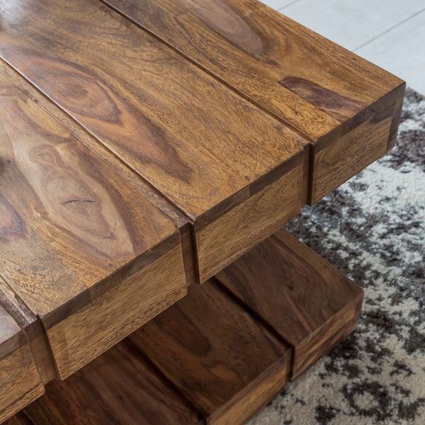 Solid Wood Sheesham Coffee Table With Grooves On Top And Bottom