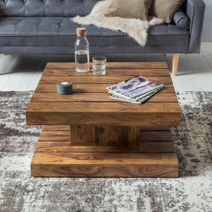 Solid Wood Sheesham Coffee Table With Grooves On Top And Bottom