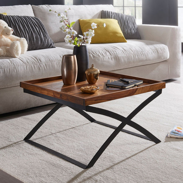 Solid Wood Coffee Table With Curved Iron Leg