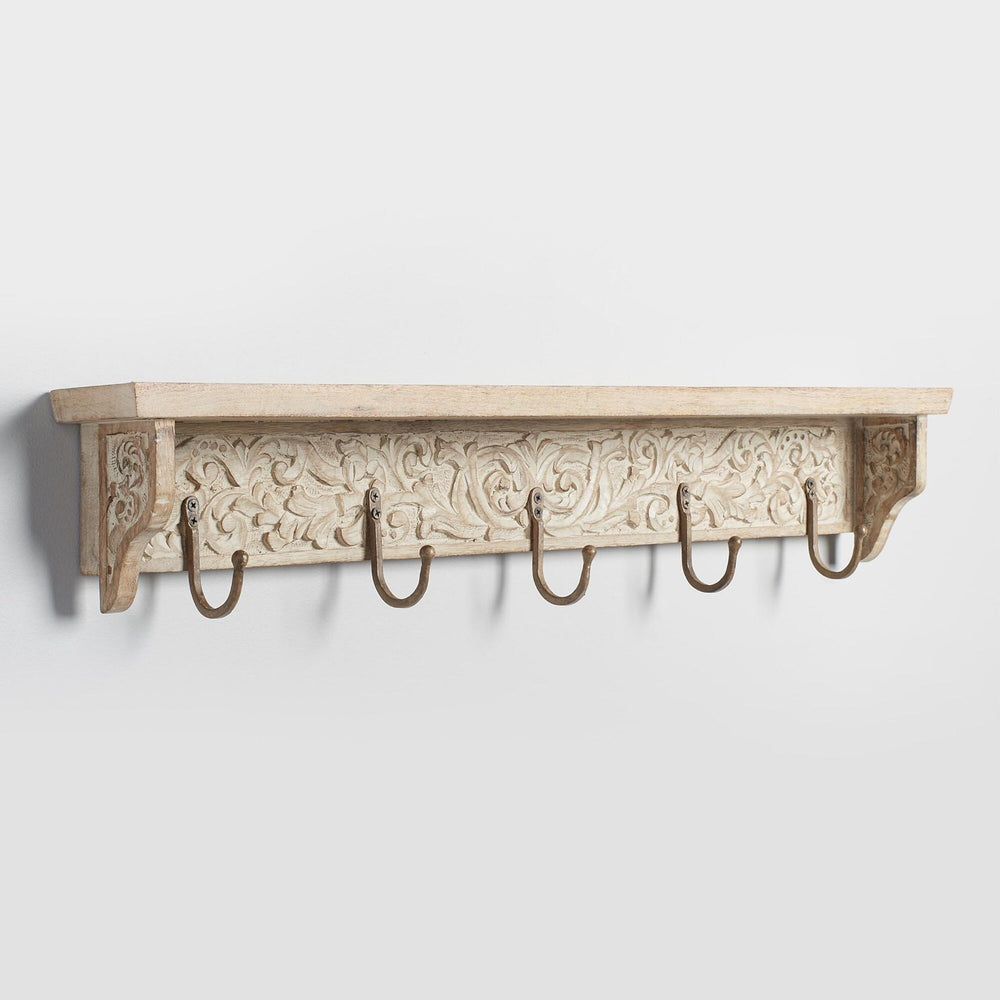 Wooden Carved 5 Hook Wall Shelf