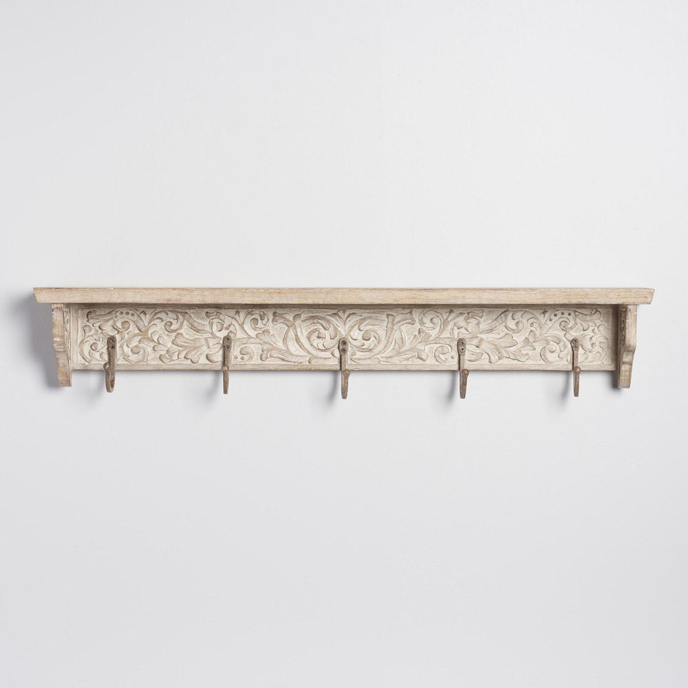 Wooden Carved 5 Hook Wall Shelf