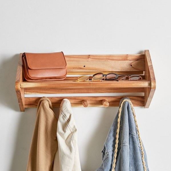 Wooden Multi-Hook Wall Shelf