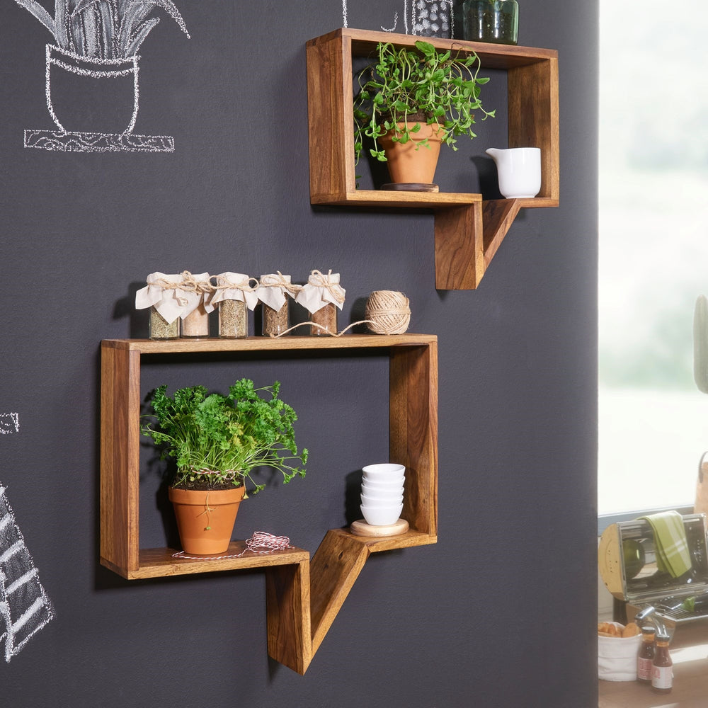 Solid Wood Sheesham Set of 2 Wall Shelves Shelf with Shape