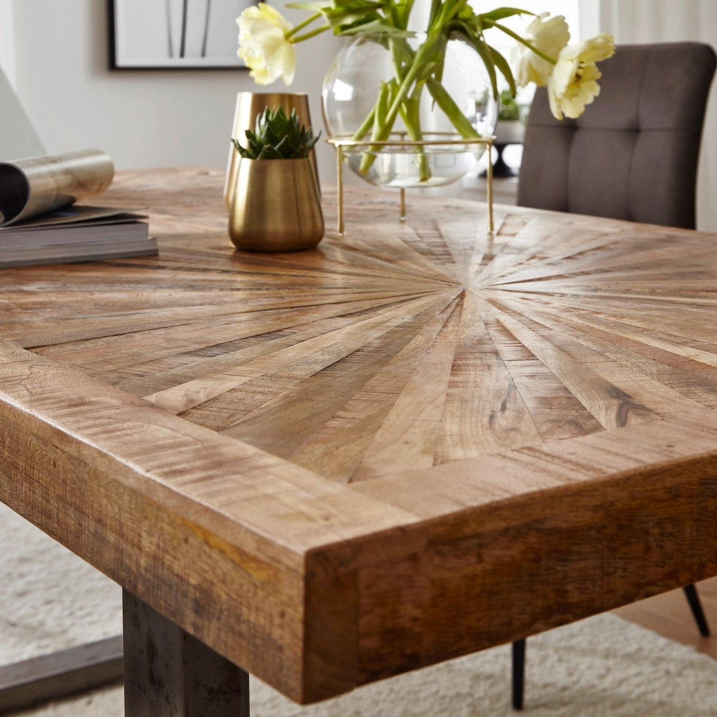 Solid Wood And Iron Dining Table With Many Strips On The Top