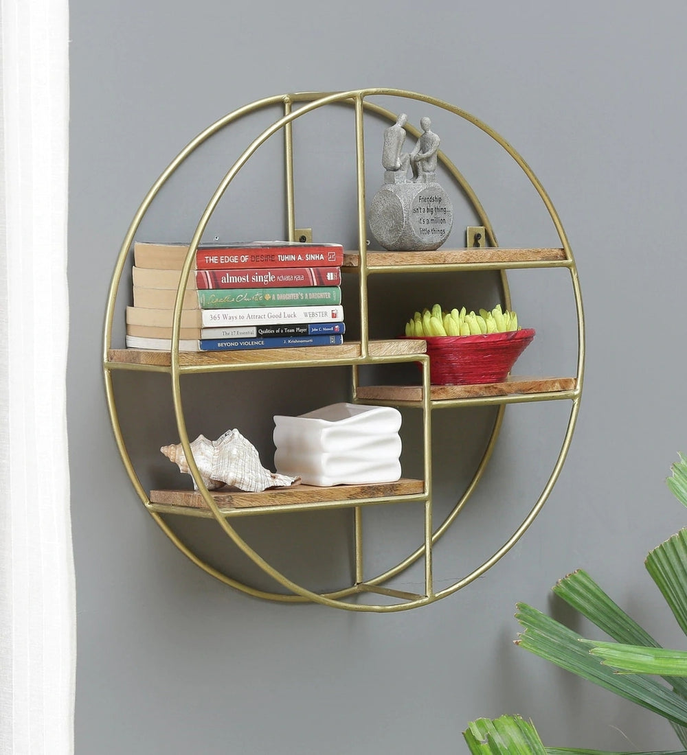 Iron and Wood Circular Wall Shelf