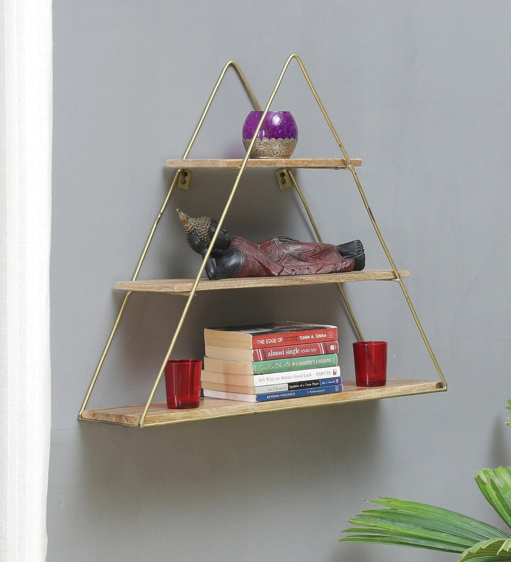 T Iron And Wood Triangle Wall Shelf