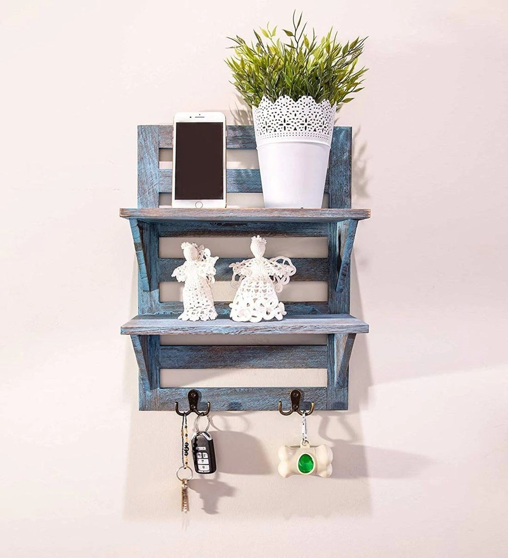Mango Wood Floating Wall Shelf in Blue Colour