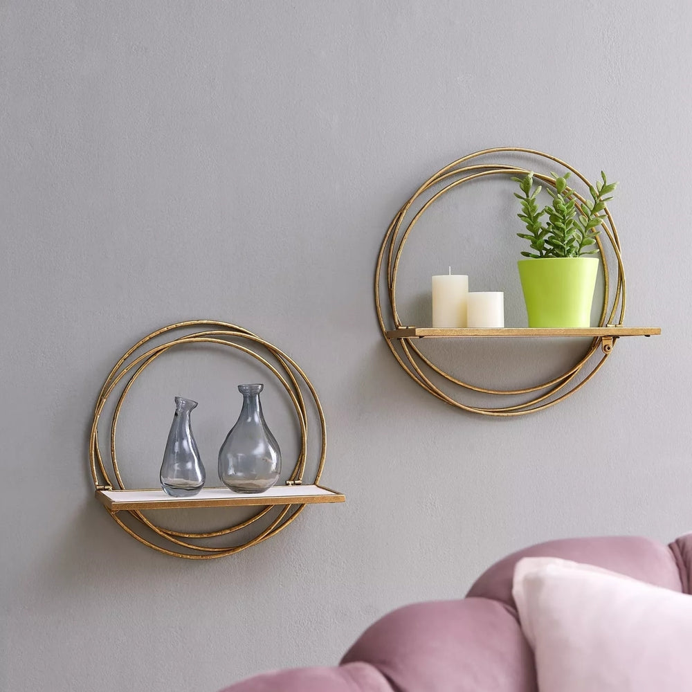 Set of 2 Floating Rings Wall Shelves In Gold Finish