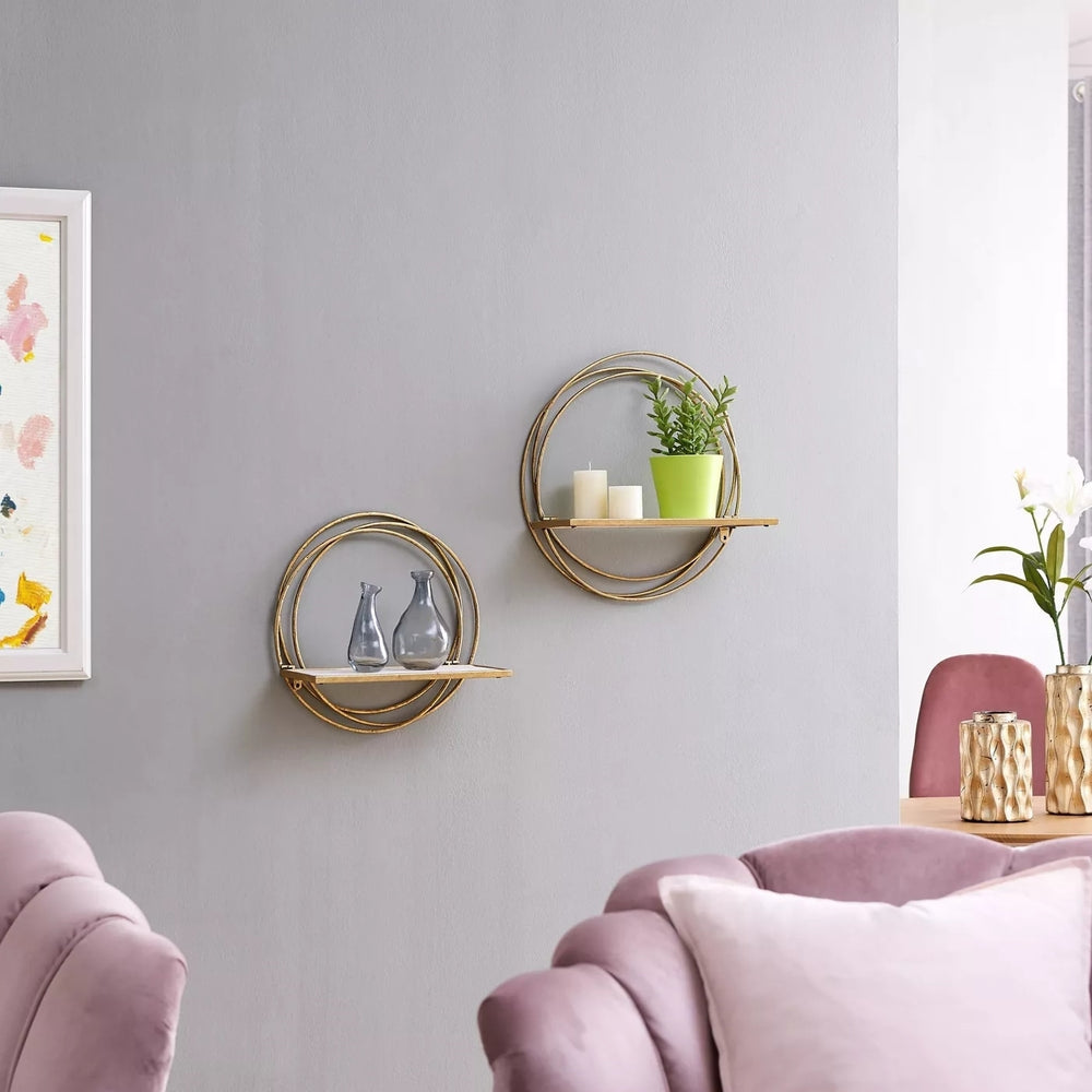Set of 2 Floating Rings Wall Shelves In Gold Finish