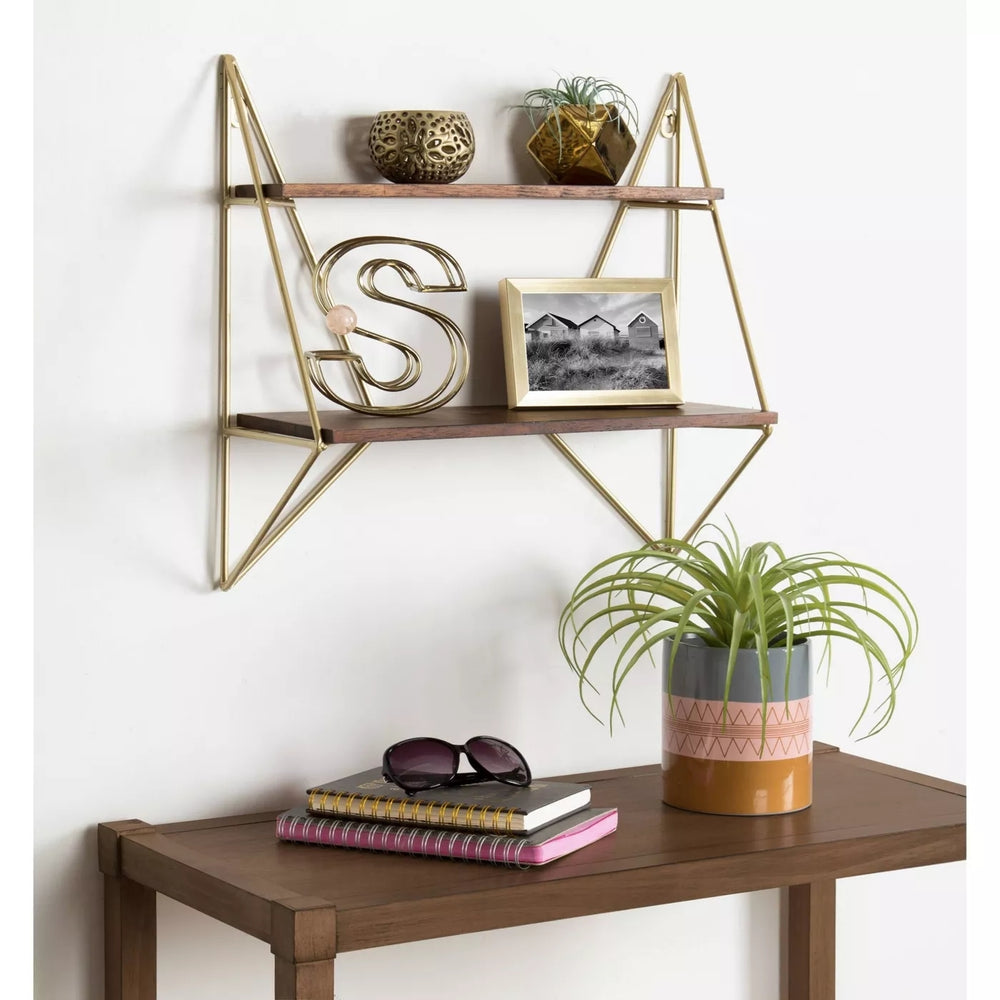 Elita Two-Tier Wood and Metal Wall Shelf Brown/Gold