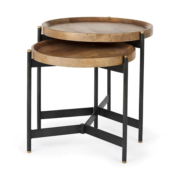 Marquisa 22.5L x 22.5W x 20.8H Brown Wood & Black Metal Base Nesting Side Tables