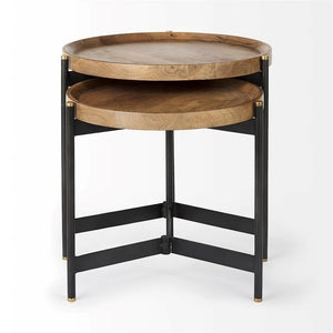 Marquisa 22.5L x 22.5W x 20.8H Brown Wood & Black Metal Base Nesting Side Tables