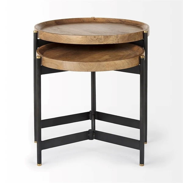 Marquisa 22.5L x 22.5W x 20.8H Brown Wood & Black Metal Base Nesting Side Tables