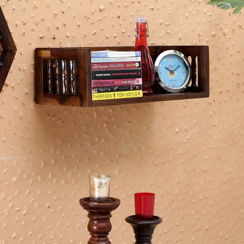 Sheesham Wood and Spindle Floating Book Shelves in Provincial Teak Finish