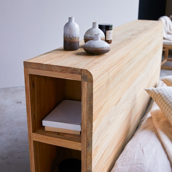 Ertie - Solid teak wood headboard with shelves