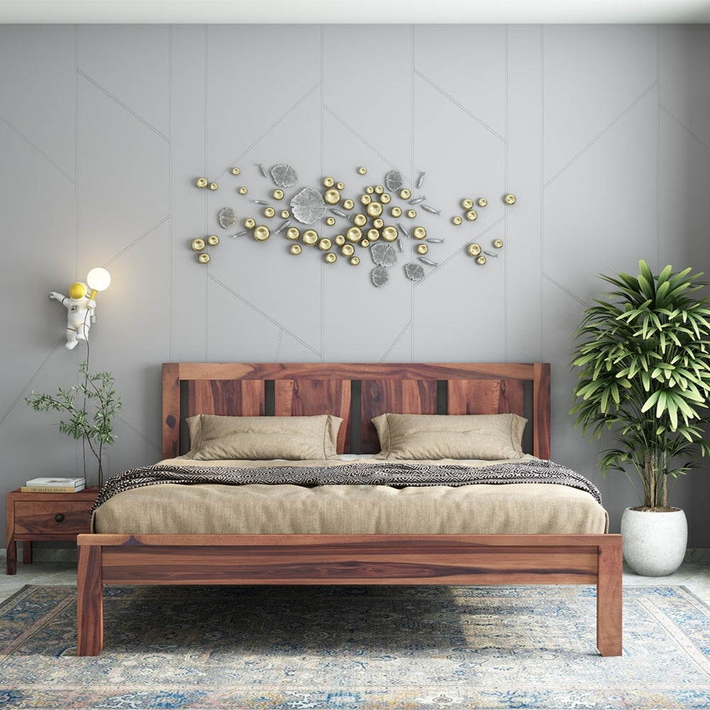 Plane Solid Wood King Size Bed In Teak Finish