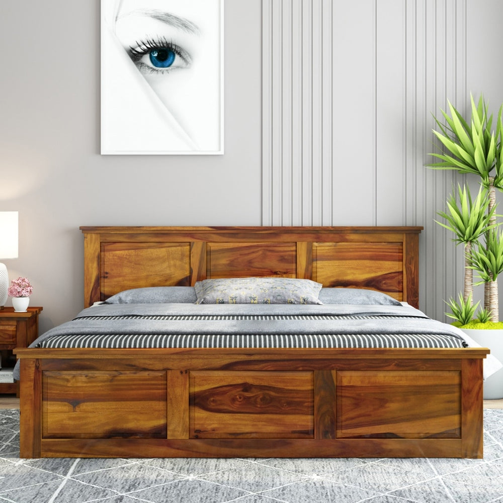 Stainfield Solid Wood Queen Size Box Storage Bed In Honey Oak Finish