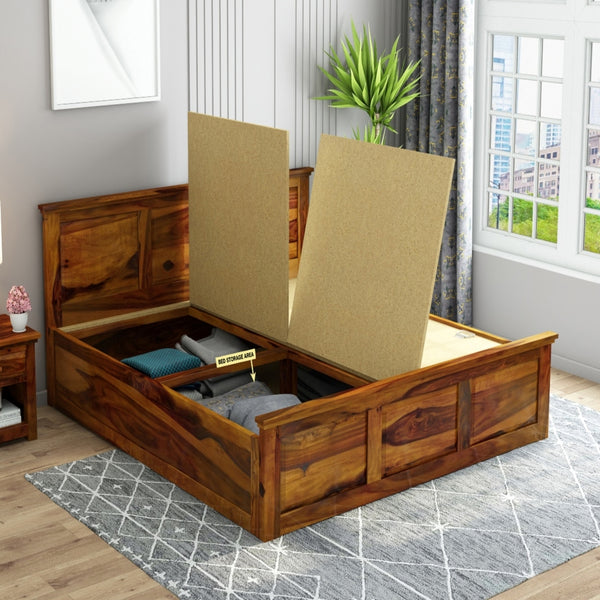 Stainfield Solid Wood King Size Box Storage Bed In Honey Oak Finish