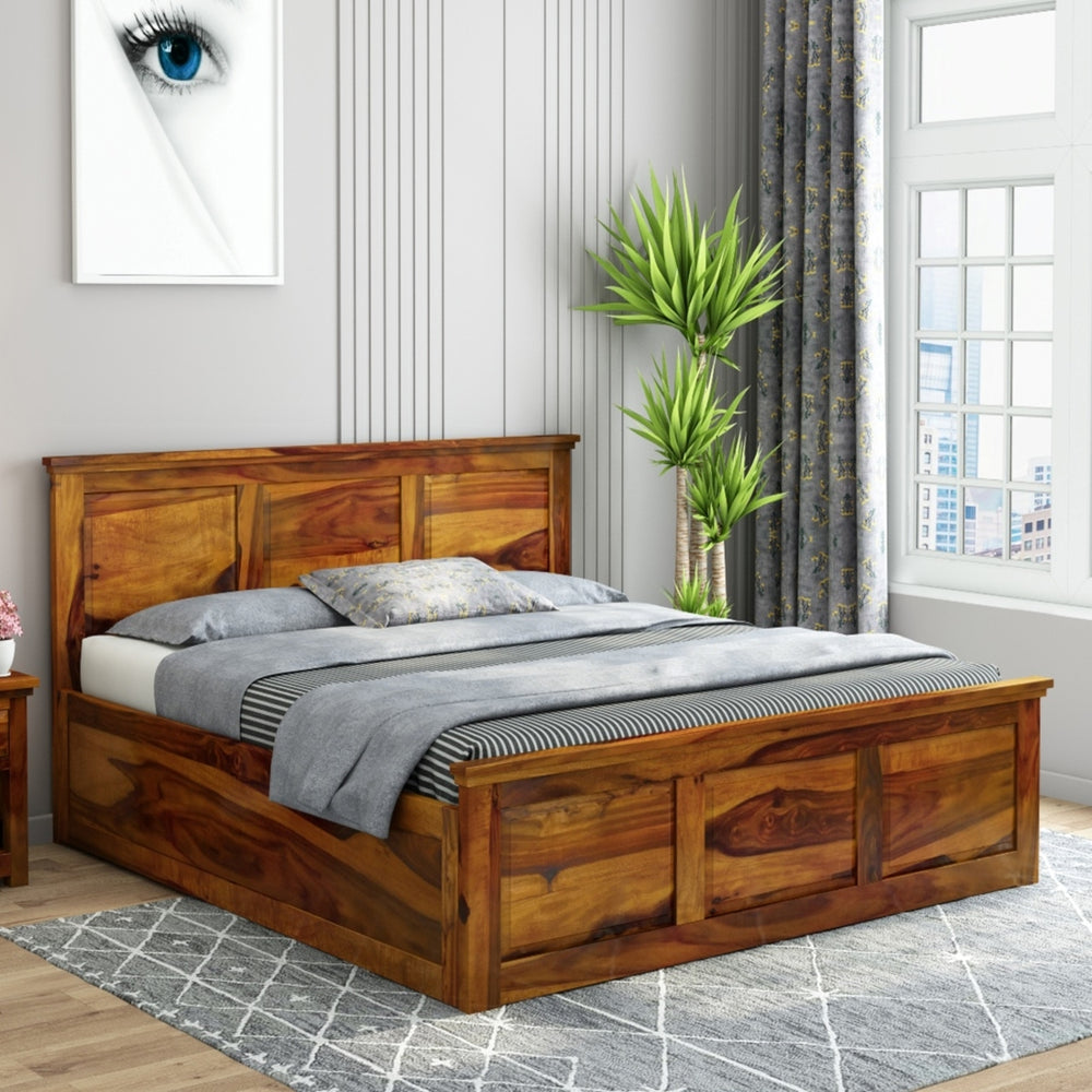 Stainfield Solid Wood Queen Size Box Storage Bed In Honey Oak Finish