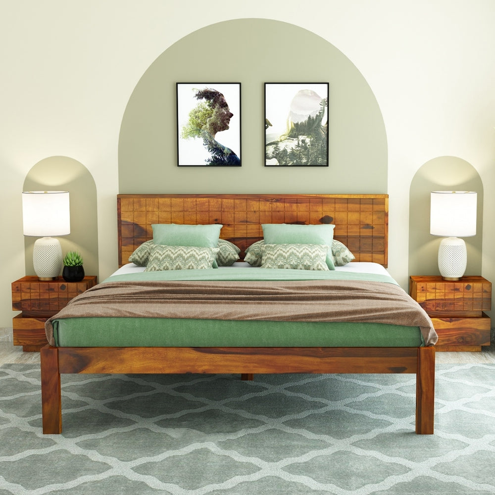 Esra Solid Wood Queen Size Bed In Honey Oak Finish