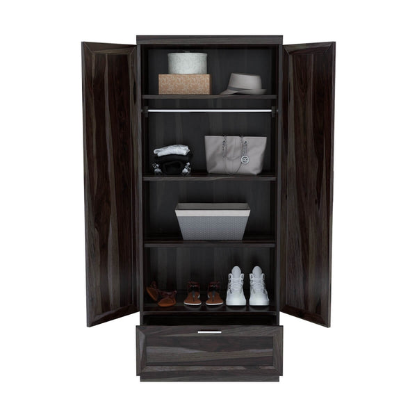 Dyson Solid Sheesham Wood 2 Door 1 Drawer Wardrobe In Light Walnut Finish