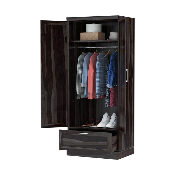 Dyson Solid Sheesham Wood 2 Door 1 Drawer Wardrobe In Light Walnut Finish