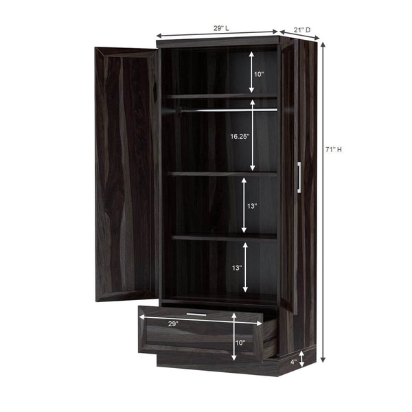 Dyson Solid Sheesham Wood 2 Door 1 Drawer Wardrobe In Light Walnut Finish
