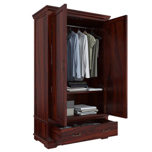 Dyson Solid Sheesham Wood 2 Door 1 Drawer Wardrobe In Mahogany Finish