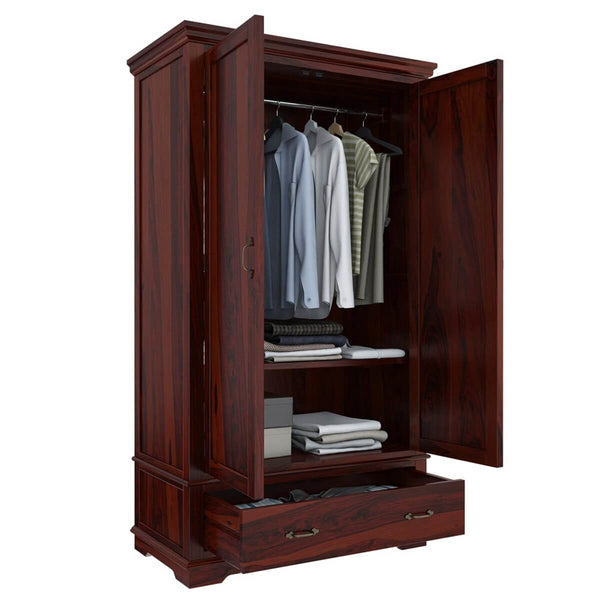 Dyson Solid Sheesham Wood 2 Door 1 Drawer Wardrobe In Mahogany Finish