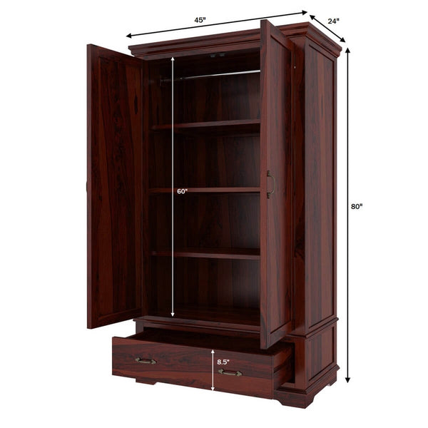 Dyson Solid Sheesham Wood 2 Door 1 Drawer Wardrobe In Mahogany Finish