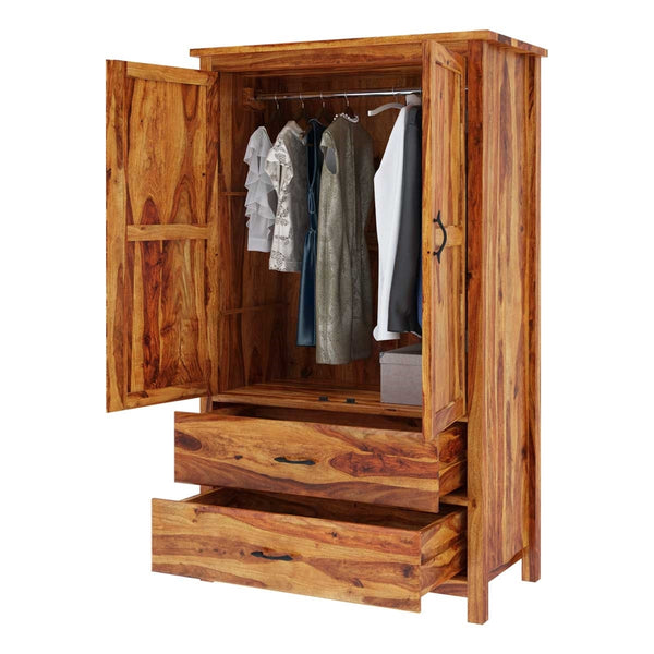Parker Solid Sheesham Wood 2 Door 2 Drawer Wardrobe In Light Honey Finish