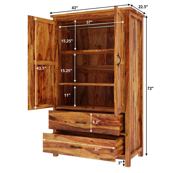 Parker Solid Sheesham Wood 2 Door 2 Drawer Wardrobe In Light Honey Finish