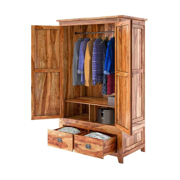 Alaca Solid Sheesham Wood 2 Door 2 Drawer Wardrobe In Light Honey Finish